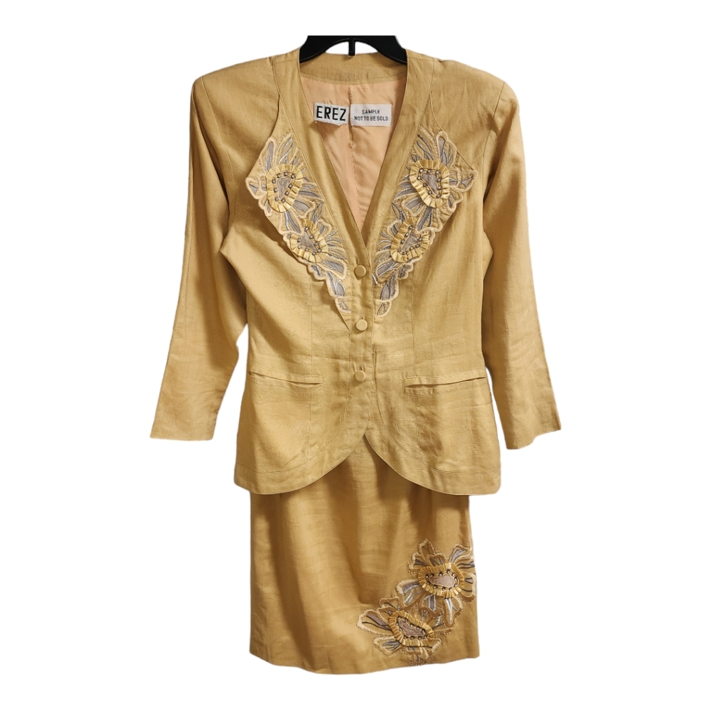 EREZ Womens Vintage Yellow Emroidered Blazer Jacket & Skirt Set Size S